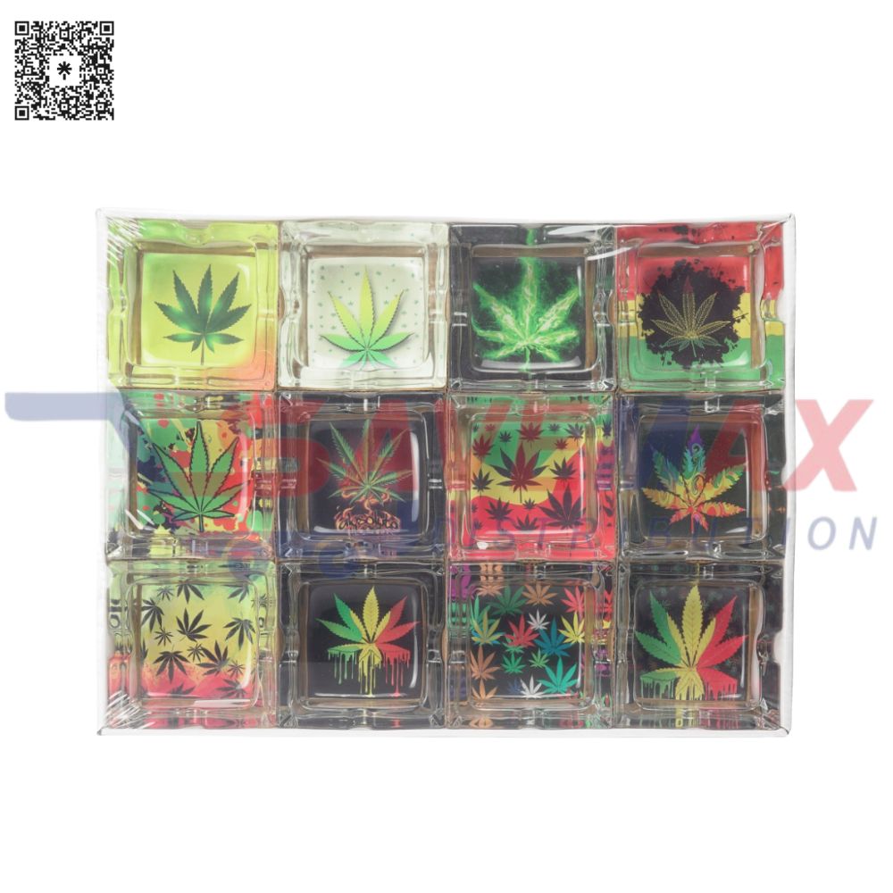 S05656 3" SQUARE GLASS ASHTRAY LEAF 6CT - Image 1